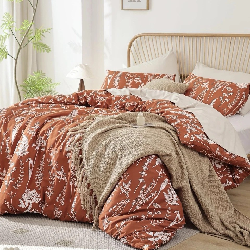 NUEVO Juego de ropa de cama y estuche falso con estampado botánico edredón West Elm rojo tamaño king Foto 4 de 4