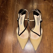 Jimmy Choo Beige Black Patent Leather Slingback Low Heels Sz 40 US 9.5