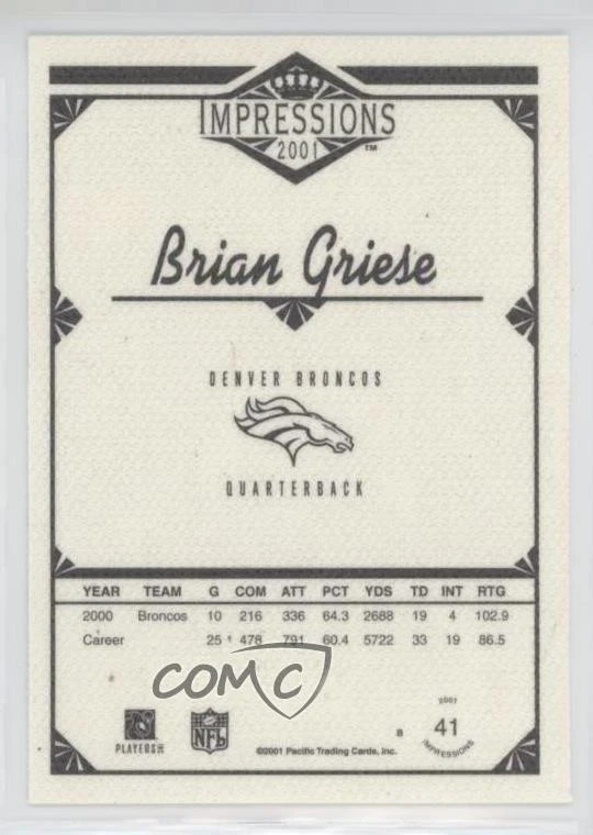 2001 Pacific Impressions Premiere Date /50 Brian Griese #41 - Image 2 of 2