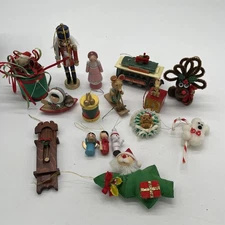 Vintage Lot Of 16 Christmas Ornaments Wooden Flocked Assorted MCM Nutcracker