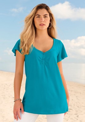 Roaman's Women's Plus Size Cotton Ultimate Flutter Sleeve Sweetheart Tee