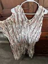 Glam Striped Knit Fringe Poncho Top Cold Shou...