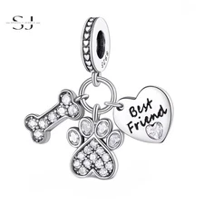 925 Sterling Silver Dog Paw Print Bone Best Friend Charm Bead for Bracelets Gift