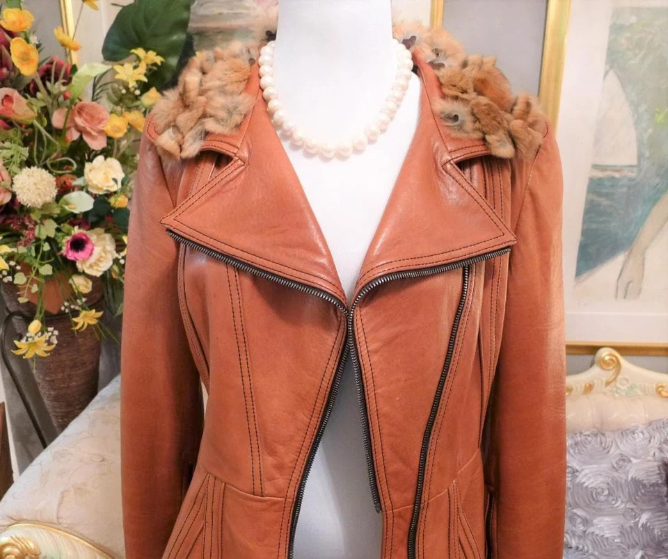 Chaqueta de Jinete de Cuero de Piel de Chinchilla FENDI Caramelo Talla Excelente Usada Japón Foto 2 de 4