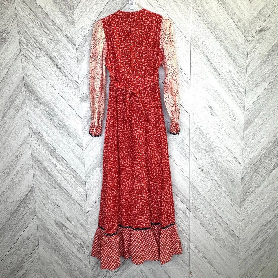 Винтажный 70-х макси платье размер маленький красный цветочный имбирь прерии Western коттедж - Изображение 4 из 4
