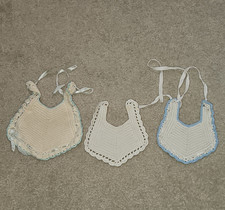 Vintage Bibs Set of 3 - Hand Crocheted White Blue Tie Closure Bibs for Babies