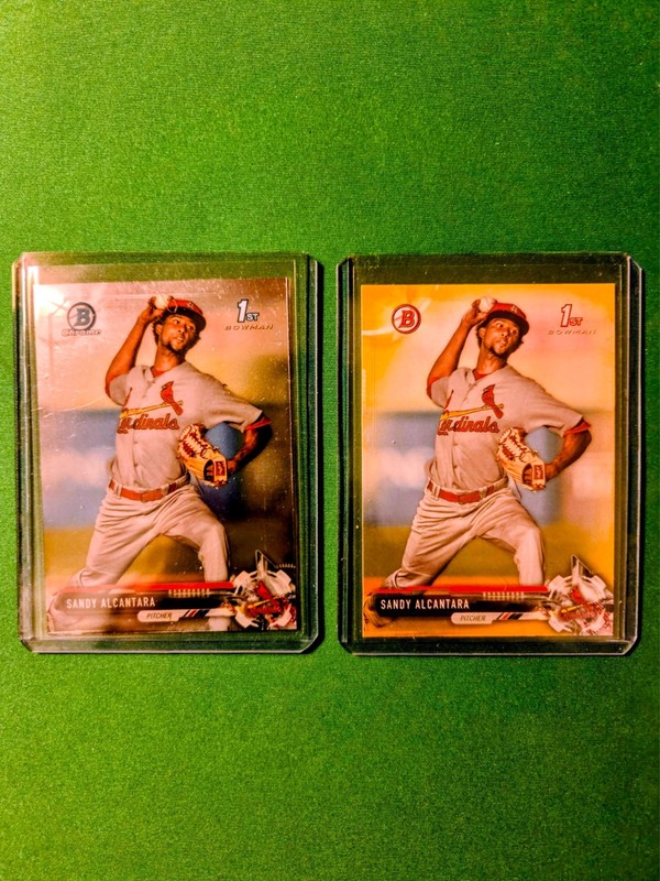 Sandy Alcantara (2) Rookie card lot. 2017 Bowman. Retail Yellow parallel.