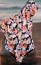 Womens Off Shoulder Swimsuit One Piece Black Pink Floral Ruffle Lined Trim Sze L