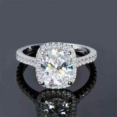 9x7mm Elongated Cushion Moissanite Halo Engagement Ring 14K White Gold Plated