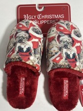 Ugly Christmas Slippers Cats Santa Hats Red Plush Non Slip Size S 5-6