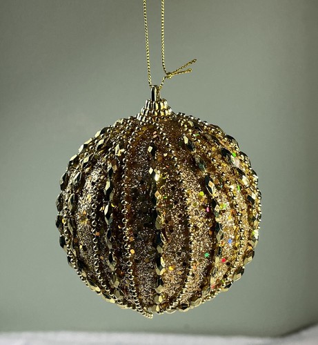 Gold Golden Beaded Ball Ornament MCM Handcrafted Approx 4" - Picture 1 of 5