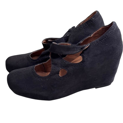 Crown Vintage Black Wedge Heel Mary Janes Cutout Detail Shoes