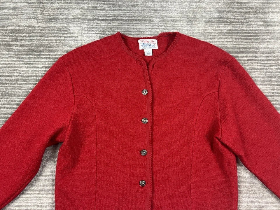 Cardigã Tally-Ho Suéter Feminino Grande Lã Vermelha Vintage Botões de Metal - Imagem 2 de 4