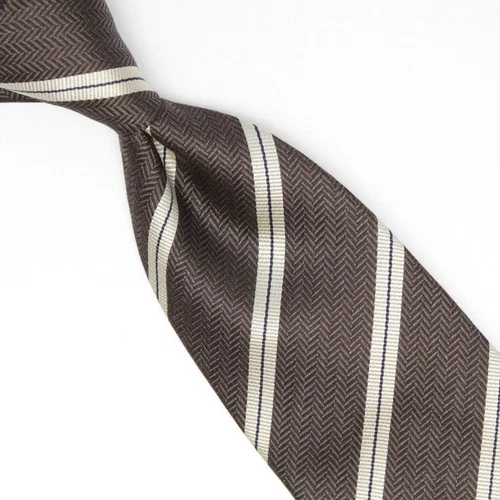 Josiah France Mens Silk Necktie Brown Herringbone Beige Navy Stripe Tie Italy