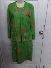 True Vtg 70's Retro Womens 2 Pc Green Floral Sz 12 Dress & Jacket 100% Polyester