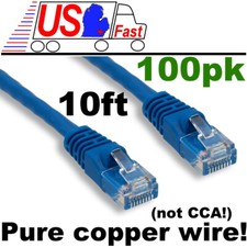 Lot100x/pk/pack 10ft 100 PURE COPPER WIRE RJ45 Cat5e Ethernet Cable/Cord BLUE