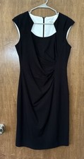 Calvin Klein Black Sheath Dress with Off-Center Ruching and Cute Neckline