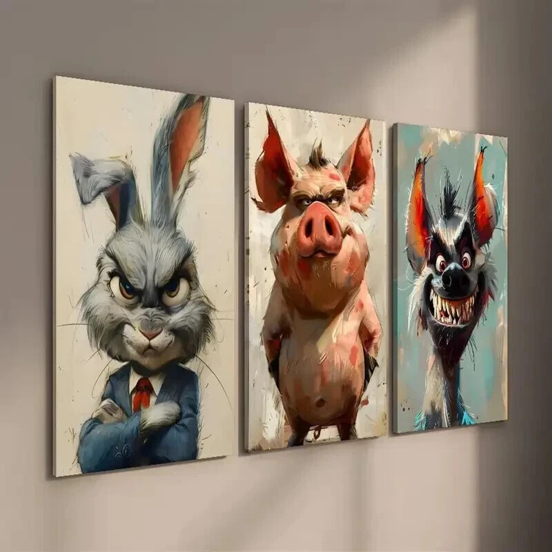 3pcs Bunny in Suit Whimsical Hyena and Pig Wall Art Canvas Framed 50x70cm