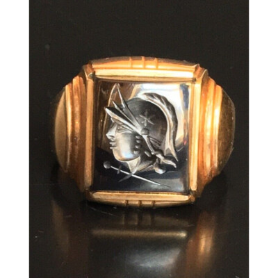 MEN'S YELLOW GOLD ANCIATE ROMAN WARRIOR ONYX INTAGLIO SIGNET RING SIZE  SKY