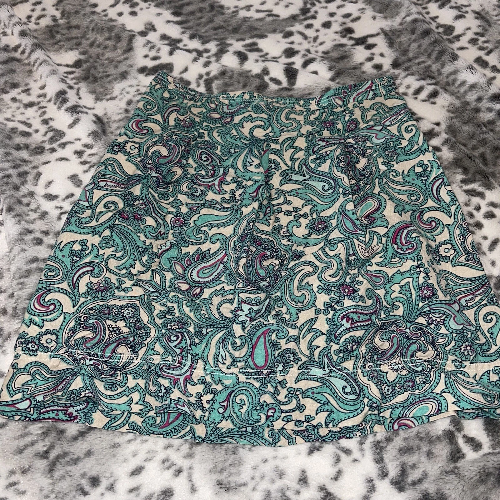 Ann Taylor Loft Size 4 Skirt Paisley Print Teal Fuchsia Pleated Linen Blend