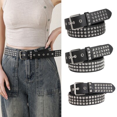 Faux Leather Studded Punk Belt - Adjustable Waist Studded Punk Belt – Pyramid Stud Faux Leather Belt in Black  main image 3