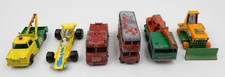 VINTAGE SET OF SIX MATCHBOX LESNEY CARS & TRUCKS, F1, FIRE, BUS, WRECKER, CRANE