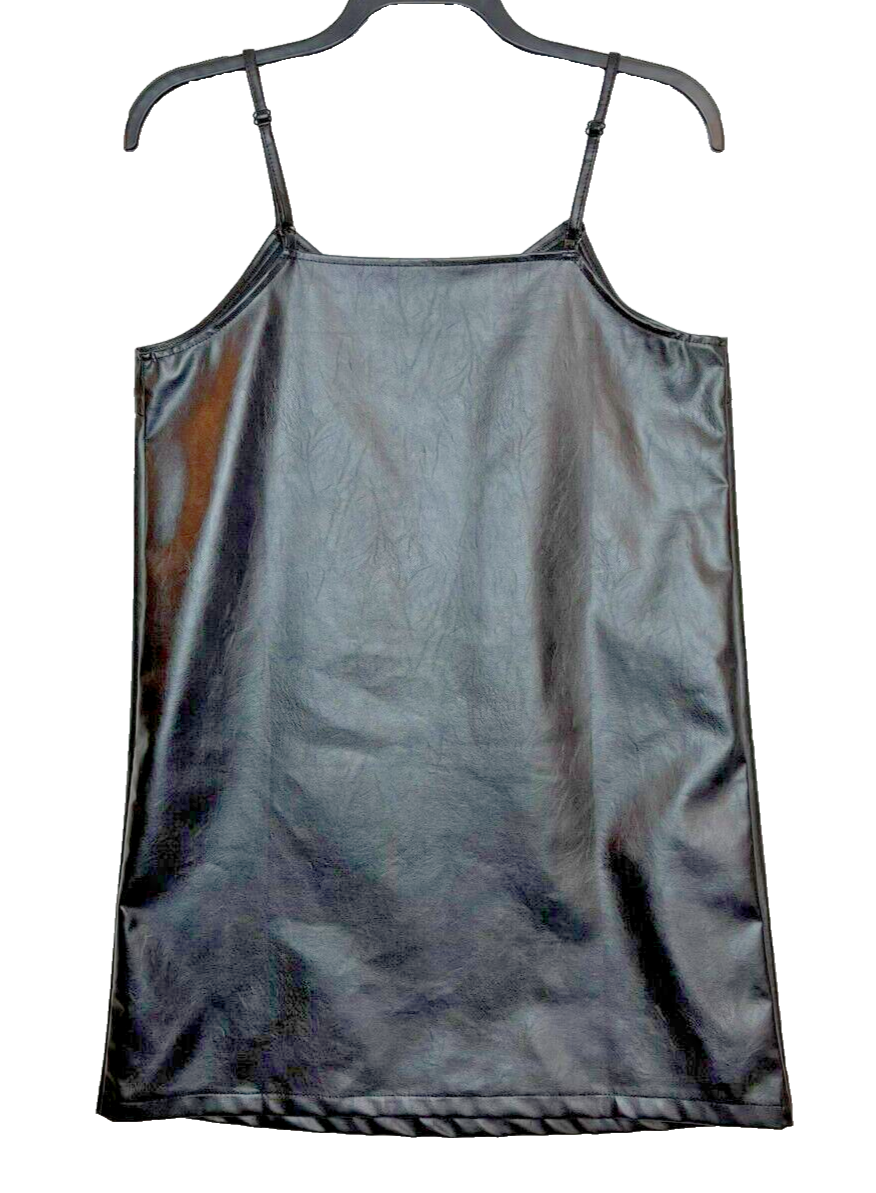 Shein Black Faux Leather Mini Dress, Pockets, Adjustable Straps, Size Large  | eBay