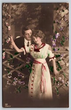 Man Woman Edwardian Couple Romance Flower Trellis Studio Postcard RPPC UNP