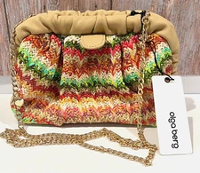 Olga Berg Amalia Petite Multicolored Woven Hinged Closure Purse w/Gold Chain