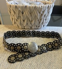 VTG Moroccan Black Leather Silver Concho Boho Belt Fits Up To 38  Coed