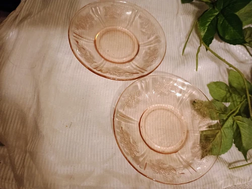 2 Federal Rose of Sharon Cabbage Rose Pink Depression Glass Saucers