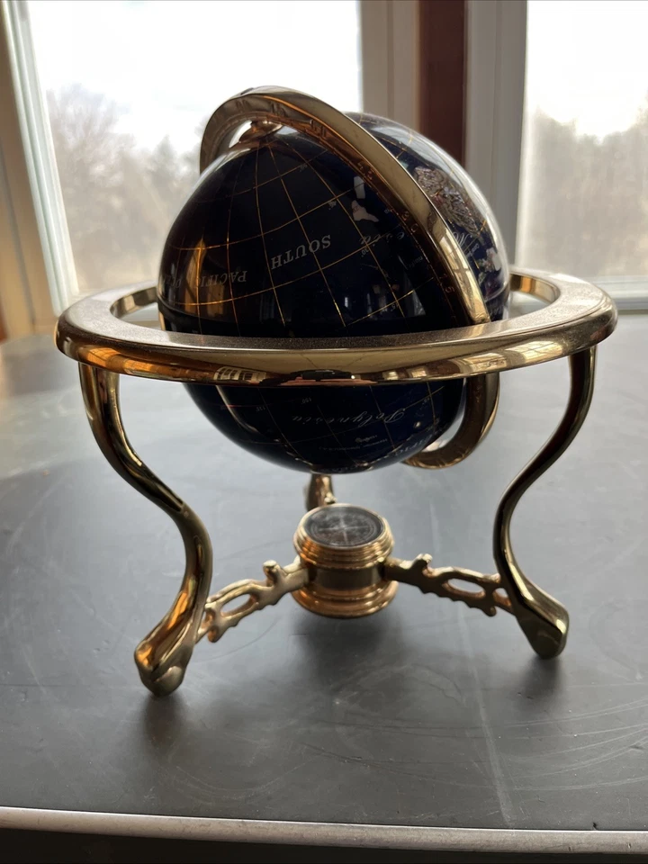 Piedra preciosa de lapislázuli azul vintage globo base de latón 34" Foto 3 de 4