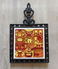 Vintage 70s Zodiac Tile Trivet Cast Iron & Ceramic
