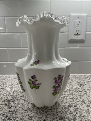 VTG Fenton Silver Crest Violets In The Snow Handpainted Vase 1960's Large 10 in