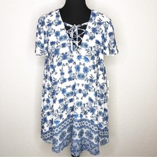 Show Me Your Mumu Kylie blue white floral lace up neck dress Extra Small XS NWT