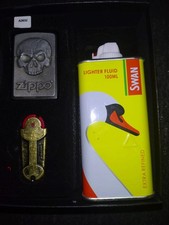 Zippo Phantom Skull Lighter Gift Set Used In Box With Fluid And Flints