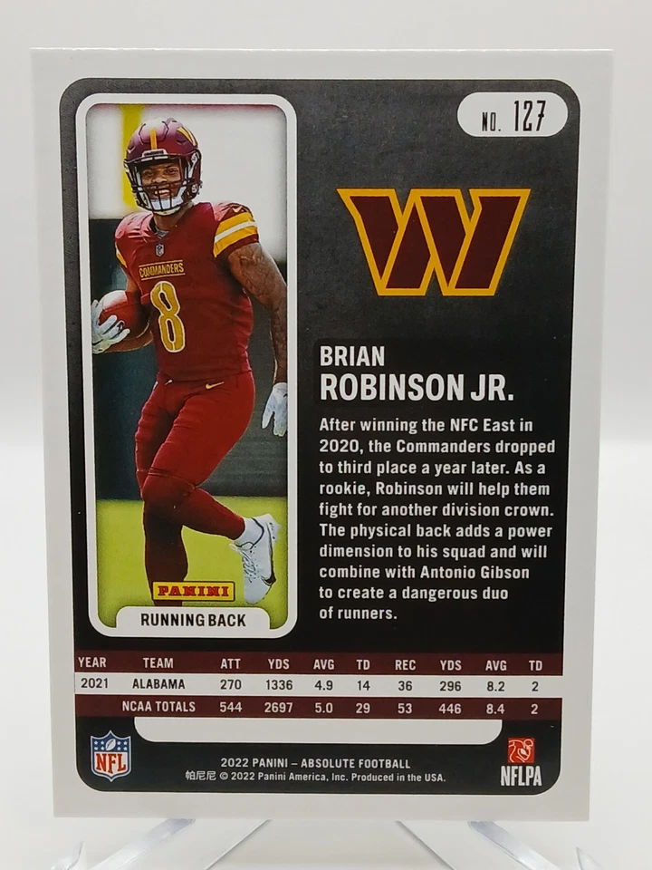 2022 Panini Absolute #127 Brian Robinson Jr. – Rookie RC (Commanders) - Image 2 of 2