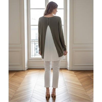 Sandro Paris Olive Green Lace Up Back Pleated Insert Knit Sweater Medium
