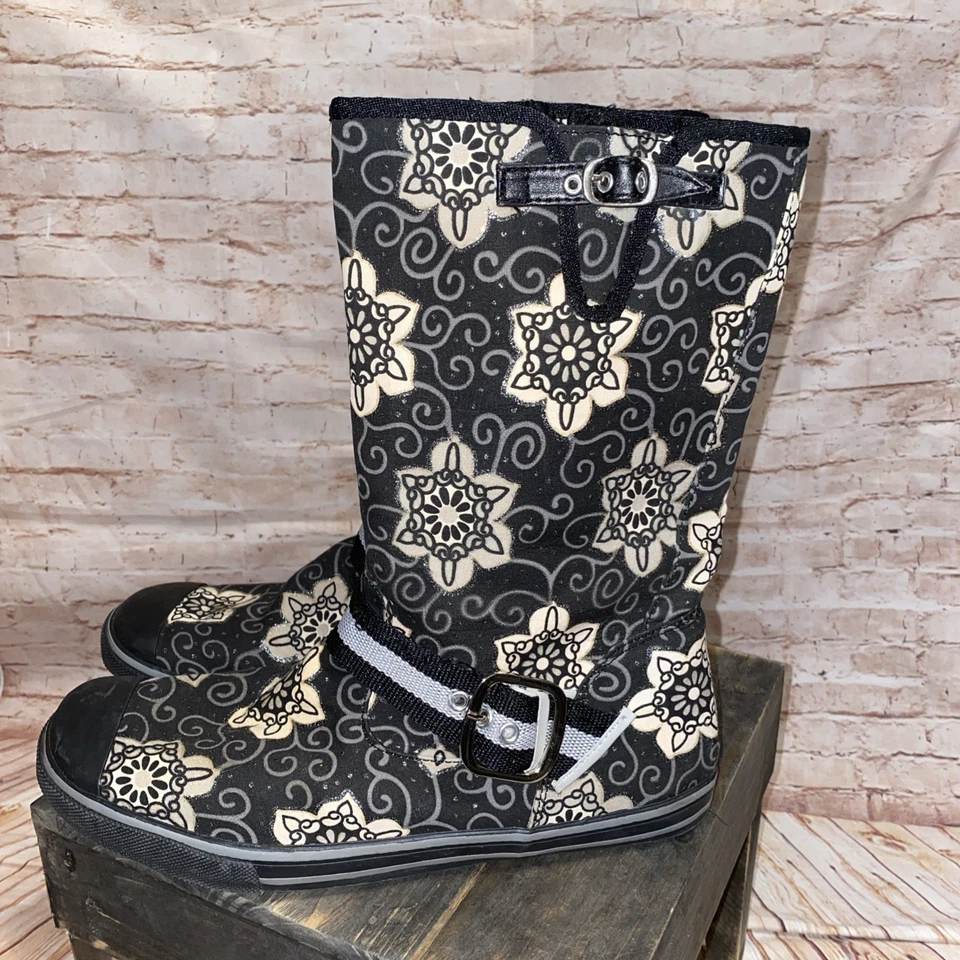 Bota de lona negra bambú talla 10 hebilla plateada  Foto 3 de 4