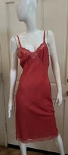 LINDSEY BLAKE VINTAGE! Poppy Red Lace Trimmed Nightgown Slip Sz 32 (S)