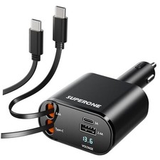 Retractable Car Charger for iPhone with Dual Type C 2 Type-c Cables Black