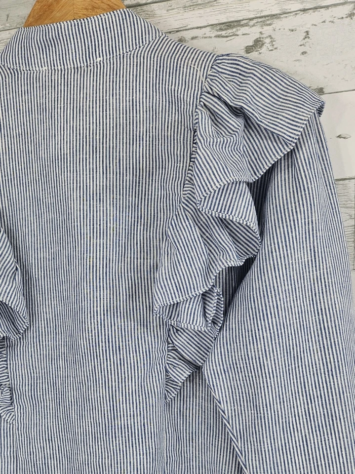 Olivaceous 100% Linen Blue Striped Ruffle Button Front Blouse Cropped Womens M - Image 4 of 4