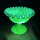 Vintage Fenton Custard Uranium Glass Ruffled Compote Hand Painted Signed