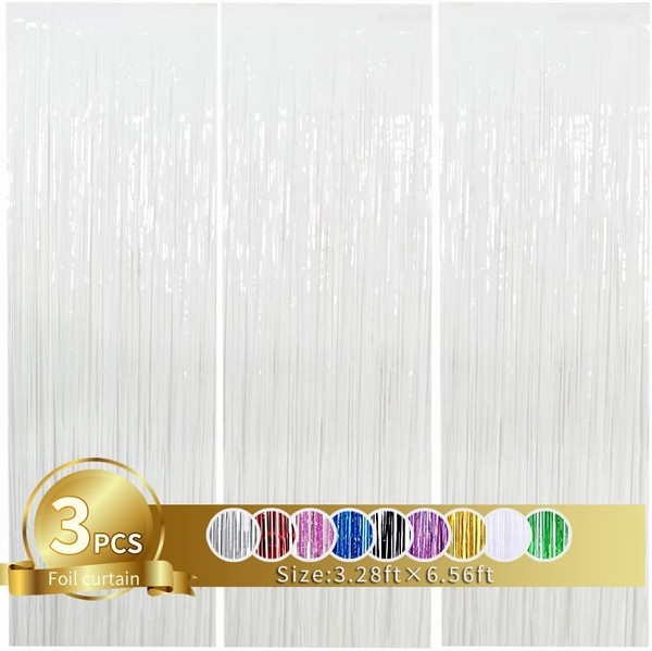 Toniful 3 StüCk Weiß Metallic Lametta VorhäNge,Tinsel Folie Vorhang Fo-image