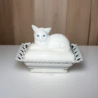Vintage Westmoreland Milk Glass Cat Blue Eyes  Rectangular Covered Candy Dish