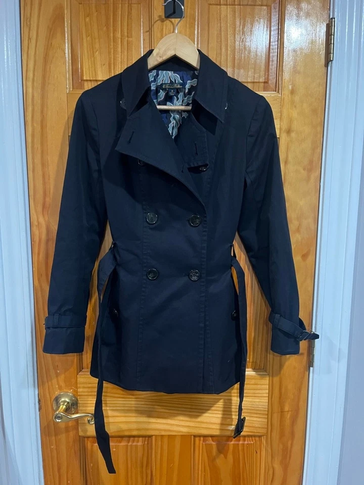 Abrigo para mujer Brooks Brothers negro otoño cinturón doble pecho guisante talla 4 Foto 2 de 4