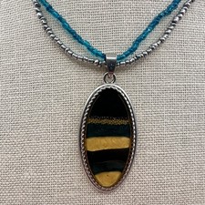 Vintage 90s Double Strand Seed Beaded Oval Pendant Necklace Silver Tone Jewelry