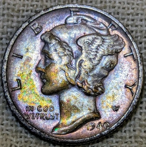 1940 S Mercury Dime AU : Rainbow Tone, Almost Uncirculated - .9 Fine Silver Coin