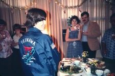 1979 Woman Smiling Friends Christmas Day New Japanese Jacket Vintage 35mm Slide