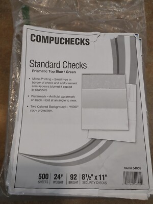 COMPUCHECKS 54005/ 500 sheets Blank Check- Check on Top - Blue/Green Open Box